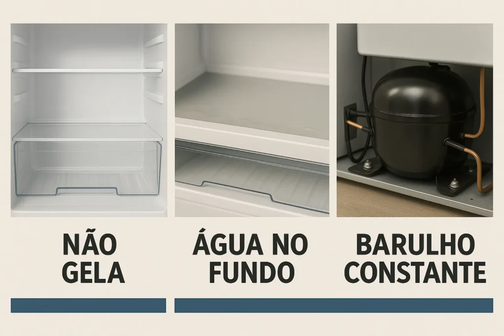 O Que É Geladeira Frost Free: 7 Vantagens Que Todo Técnico E Consumidor Precisa Conhecer 11 Três Problemas Comuns Em Geladeiras Ilustrados: Não Gela, Acúmulo De Água No Fundo E Barulho Constante No Compressor.