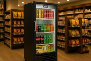 Geladeira expositora Frilux preta em um comércio, com porta de vidro exibindo bebidas organizadas em prateleiras e prateleiras de snacks ao fundo.