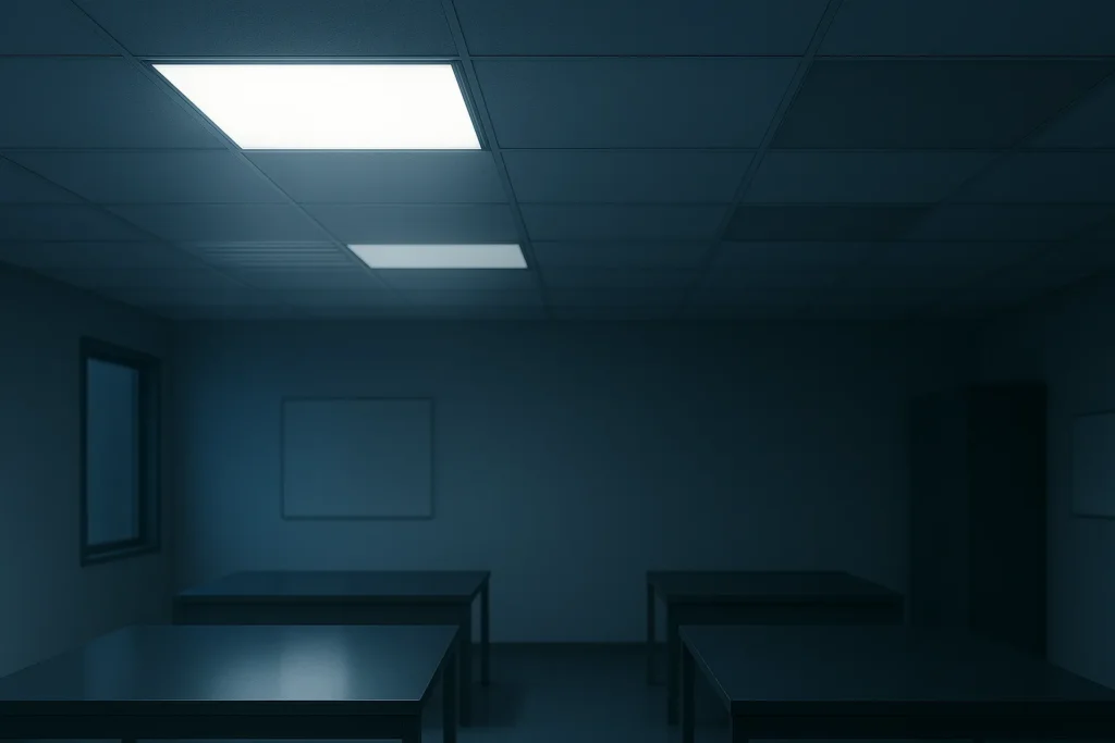 Teto De Escritório Moderno Com Painéis De Led; Um Painel Com Luz Fraca E Outro Com Luz Normal. Reflexos Nas Mesas E Sombra Oscilante.