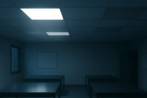 Teto de escritório moderno com painéis de LED; um painel com luz fraca e outro com luz normal. Reflexos nas mesas e sombra oscilante.