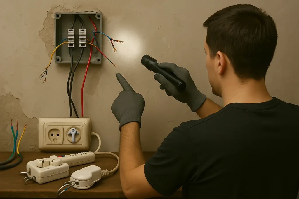 Curto Circuito Em Casa: 15 Sinais De Alerta E Como Resolver Com Segurança 5 Bancada De Inspeção Com Fios Desencapados, Tomadas Antigas, Extensões Sobrecarregadas E Chuveiro Com Fiação Irregular. Técnico Aponta Para Os Defeitos Com Lanterna.