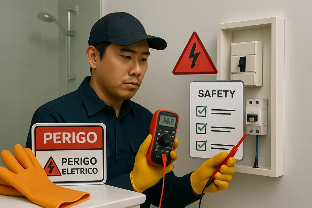 Chuveiro Elétrico Não Esquenta: 13 Causas E Soluções Testadas Por Técnicos 3 Técnico Uniformizado Verifica Disjuntor Desligado Com Multímetro E Chave De Teste. Luvas De Borracha E Etiqueta &Quot;Perigo Elétrico&Quot; Em Primeiro Plano. Fundo De Banheiro Com Chuveiro Visível, Ícones De Alerta E Checklist De Segurança Flutuante.