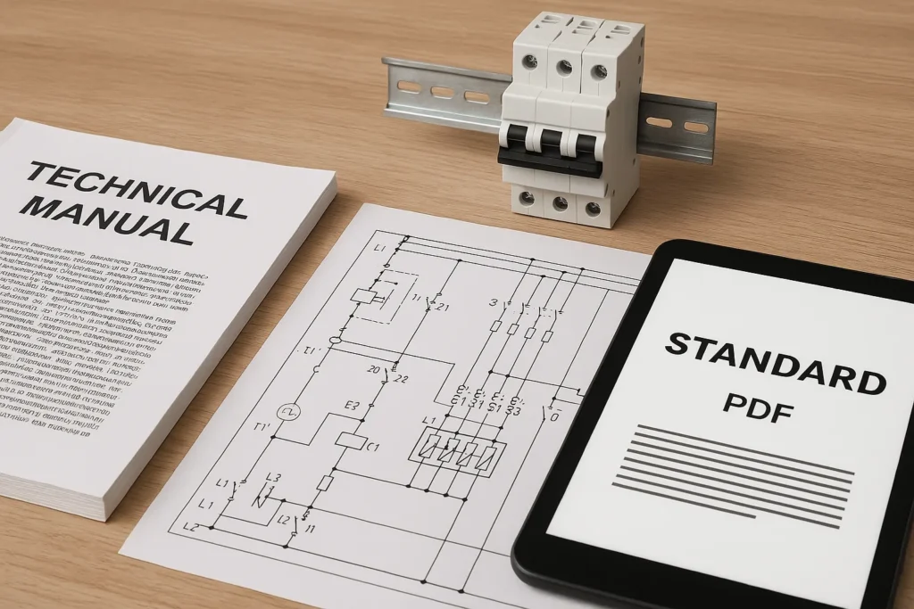 Disjuntor De Energia Desarmando: 7 Diagnósticos Técnicos E Soluções Profissionais 18 Mesa Organizada Com Manual Técnico Impresso, Planta Baixa Com Circuitos Elétricos, Tablet Exibindo Norma Em Pdf E Disjuntor Instalado Em Trilho Din.