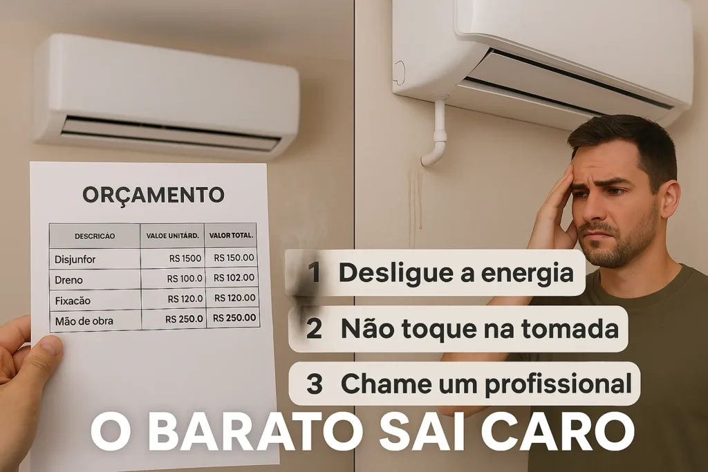 Instalação De Ar Condicionado Split: 12 Erros Fatais Que Queimam O Aparelho 15 Comparação Entre Orçamento Detalhado E Uma Instalação Problemática Com Vazamento E Suporte Torto; Cliente Insatisfeito; Mensagem Reforçando A Importância Da Qualidade.