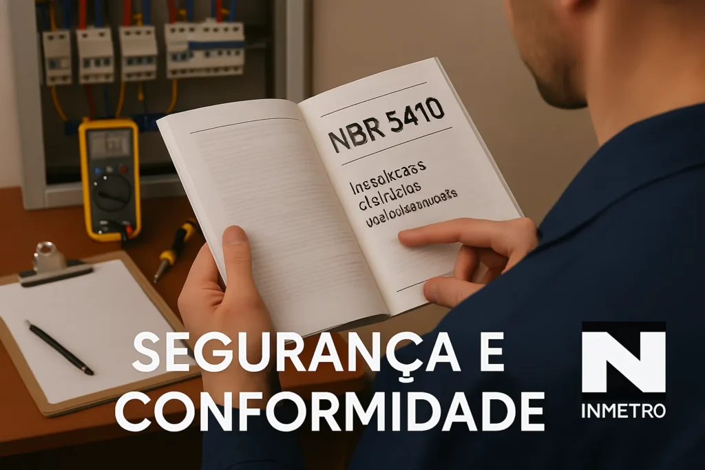 Curto Circuito Em Casa: 15 Sinais De Alerta E Como Resolver Com Segurança 11 Técnico Folheia A Norma Nbr 5410 Com Prancheta Ao Lado; Ao Fundo, Painel Elétrico, Equipamentos De Medição E Selo Digital Do Inmetro.
