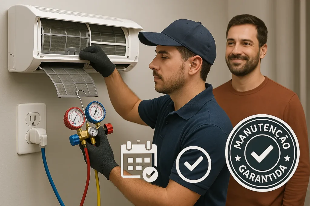 Instalação De Ar Condicionado Split: 12 Erros Fatais Que Queimam O Aparelho 16 Técnico Uniformizado Realiza Limpeza Do Filtro E Teste De Gás Com Manômetro. Ao Fundo, Cliente Satisfeito. Sobreposição De Selo De Garantia E Ícone De Calendário.