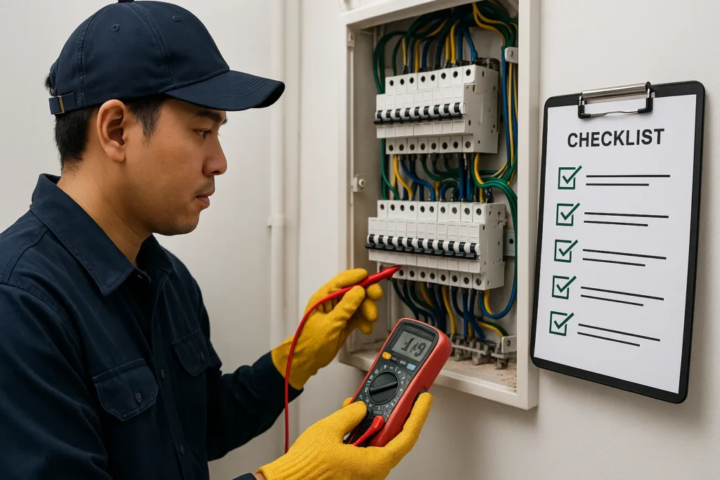 Disjuntor De Energia Desarmando: 7 Diagnósticos Técnicos E Soluções Profissionais 14 Técnico Uniformizado Verifica Disjuntor Com Chave De Fenda E Medidor, Ao Lado De Prancheta Digital Com Checklist, Em Ambiente Limpo E Bem Iluminado.
