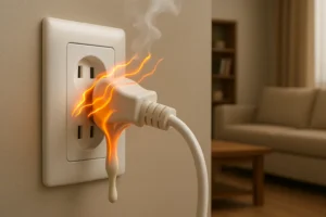 Tomada branca com plugue ainda conectado, derretendo devido ao calor. Fumaça leve saindo da base do plugue. Fundo interno com móveis ao redor.