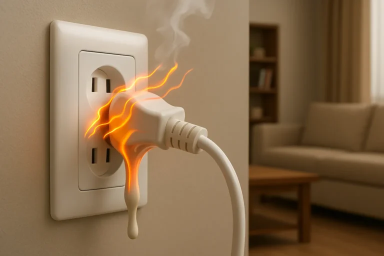 Tomada Branca Com Plugue Ainda Conectado, Derretendo Devido Ao Calor. Fumaça Leve Saindo Da Base Do Plugue. Fundo Interno Com Móveis Ao Redor.