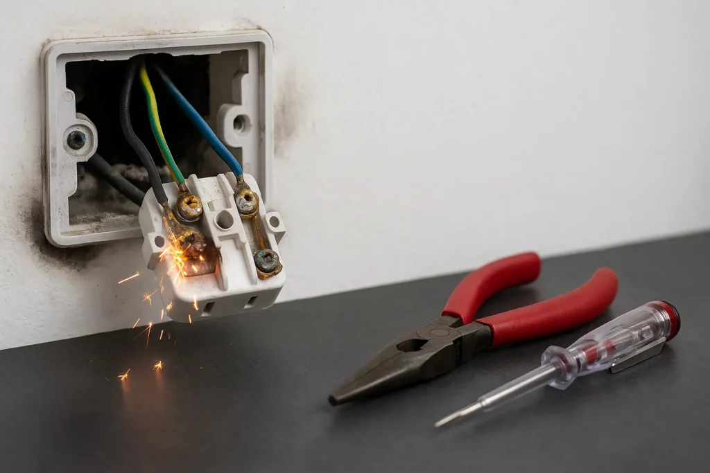 Tomada Queimada Ou Derretida: 8 Causas Perigosas E Soluções Seguras 3 Tomada Parcialmente Aberta Com Fios Frouxos E Expostos, Faíscas Surgindo Dos Terminais Oxidados; Alicate E Chave De Teste Ao Lado Sobre Bancada Técnica.