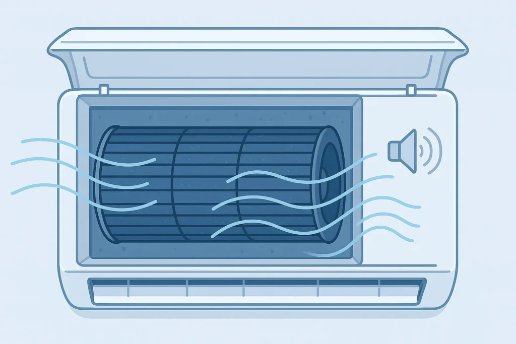 Ar Condicionado Fazendo Barulho: 16 Tipos De Ruídos E Como Resolver Cada Um 5 Ilustração 2D Do Interior Da Unidade Evaporadora Com Ventilador Cilíndrico Girando, Linhas Azuis De Fluxo De Ar E Ondas Sonoras Flutuando.