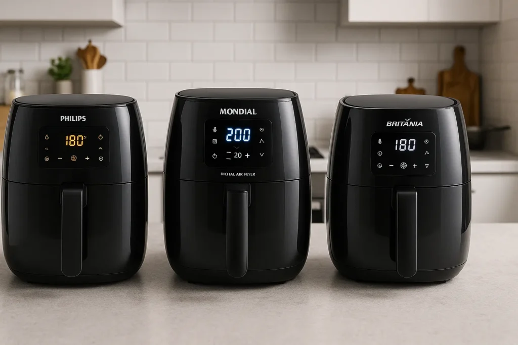 Air Fryer Digital: 12 Segredos Técnicos Que Transformam O Uso E Manutenção Do Aparelho 8 Três Modelos De Air Fryer Digital Das Marcas Philips, Mondial E Britânia Lado A Lado Em Uma Cozinha Moderna