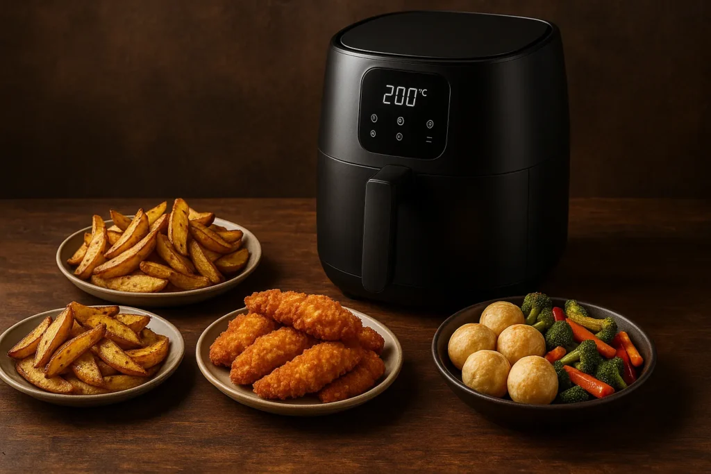 Air Fryer Digital: 12 Segredos Técnicos Que Transformam O Uso E Manutenção Do Aparelho 10 Quatro Pratos Prontos Saindo Da Air Fryer Digital: Batata Rústica, Frango Crocante, Pão De Queijo E Legumes Assados Sobre Fundo Rústico.