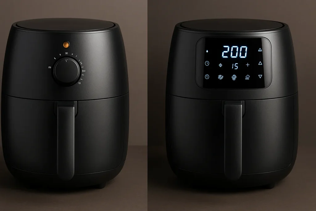 Air Fryer Digital: 12 Segredos Técnicos Que Transformam O Uso E Manutenção Do Aparelho 4 Imagem Comparativa 16:9 Dividida, À Esquerda Air Fryer Analógica Com Botão Giratório, À Direita Air Fryer Digital Com Painel Touchscreen Iluminado.