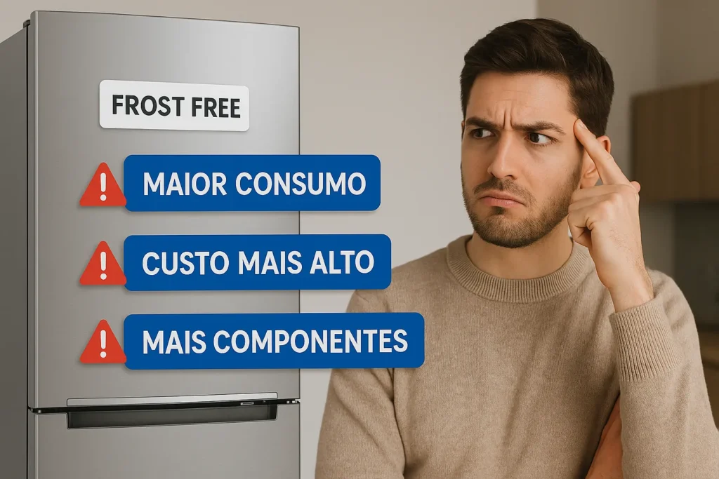 O Que É Geladeira Frost Free: 7 Vantagens Que Todo Técnico E Consumidor Precisa Conhecer 6 Consumidor Com Expressão De Dúvida Ao Lado De Geladeira Frost Free Com Alertas De Maior Consumo, Custo Mais Alto E Mais Componentes.