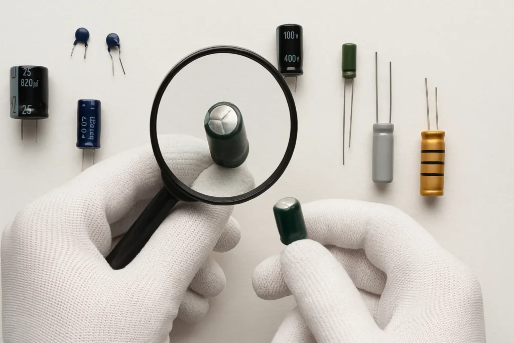 Como Testar O Capacitor: 8 Métodos Profissionais Para Máquinas De Lavar E Ar-Condicionado 9 Mãos Com Luvas Analisando Capacitor Estufado Com Lupa, Com Outros Capacitores Ao Redor.