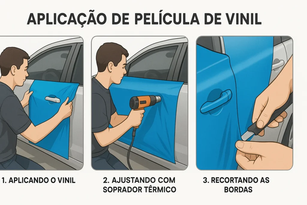Como Envelopar Geladeira: 12 Técnicas Profissionais Para Transformar Seu Eletrodoméstico 5 Infográfico Mostrando Três Etapas Da Aplicação De Vinil: Colagem, Aquecimento E Recorte.
