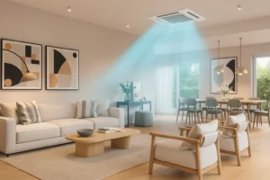 Sala e sala de jantar integradas com ar-condicionado cassete em funcionamento no teto