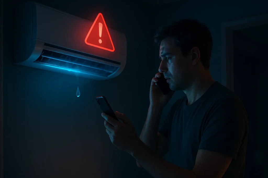 Ar Condicionado Fazendo Barulho: 16 Tipos De Ruídos E Como Resolver Cada Um 11 Pessoa Liga Para Assistência Ao Ver Ar-Condicionado Split Pingando Com Alerta Luminoso Em Ambiente Noturno.