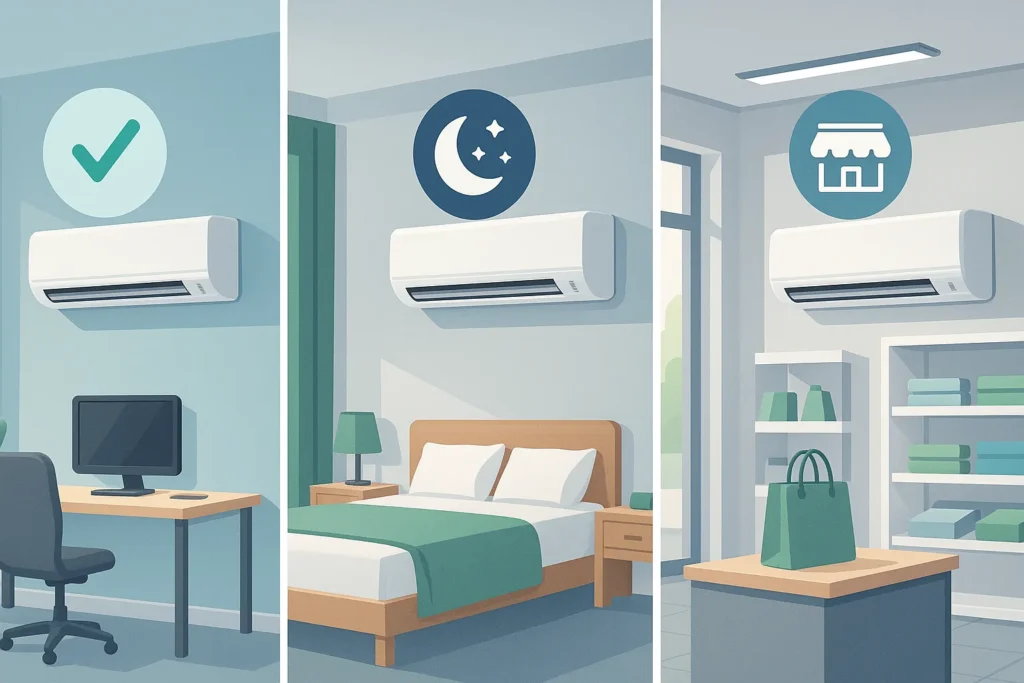 Consumo Ar Condicionado Disparou: 12 Formas Comprovadas De Reduzir 50% Na Conta De Luz 10 Ilustração Digital Com Três Ambientes Separados: Escritório, Quarto E Loja, Cada Um Com Ar-Condicionado E Ícones Flutuantes Personalizados.