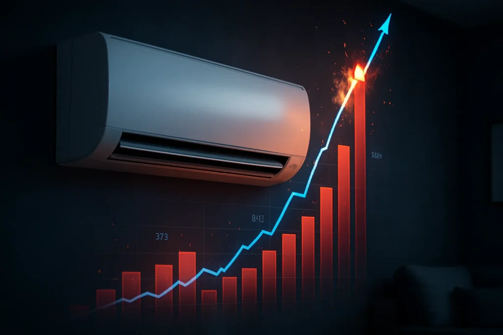 Consumo Ar Condicionado Disparou: 12 Formas Comprovadas De Reduzir 50% Na Conta De Luz 1 Ar-Condicionado Split Com Gráficos Digitais Explodindo Ao Redor, Indicando Aumento Brusco De Consumo.