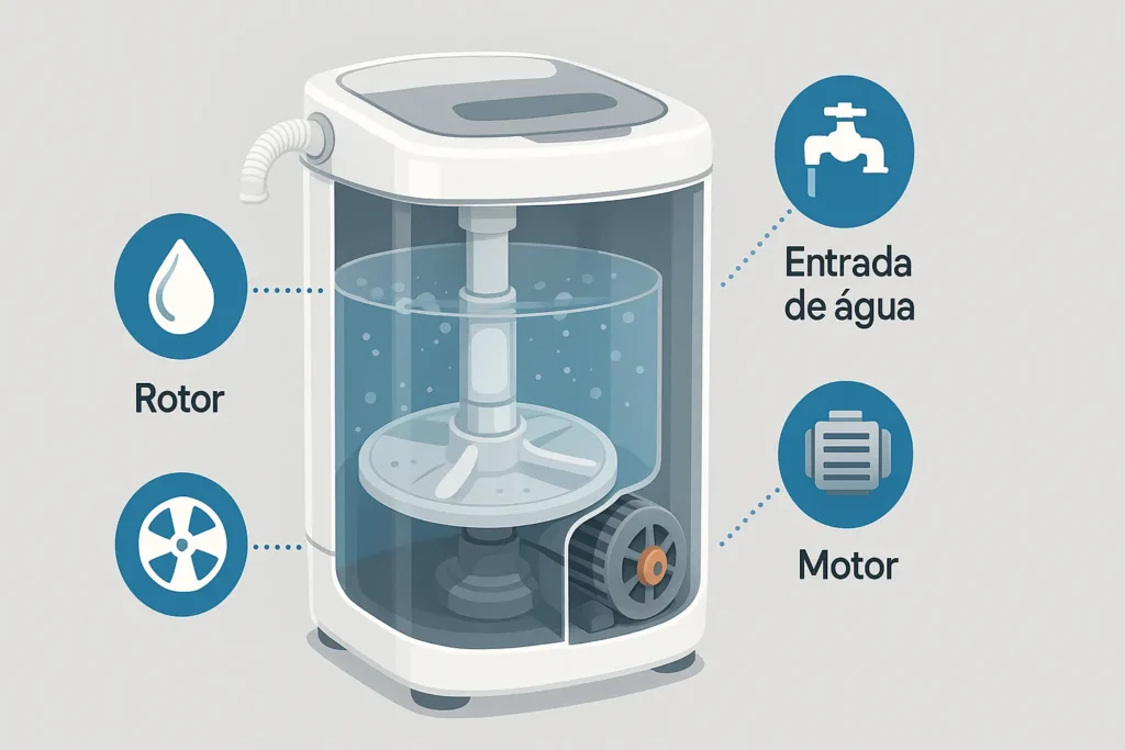 Lavadora Portátil: 12 Vantagens Que Revolucionam A Lavagem De Roupas Em Espaços Pequenos 2 Corte Interno De Lavadora Portátil Com Peças Identificadas: Motor, Entrada De Água E Rotor