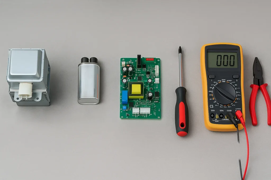 Microondas Electrolux Não Esquenta: 15 Soluções Testadas Que Funcionam 10 Componentes De Micro-Ondas Com Etiquetas E Ferramentas Sobre Bancada Técnica Organizada