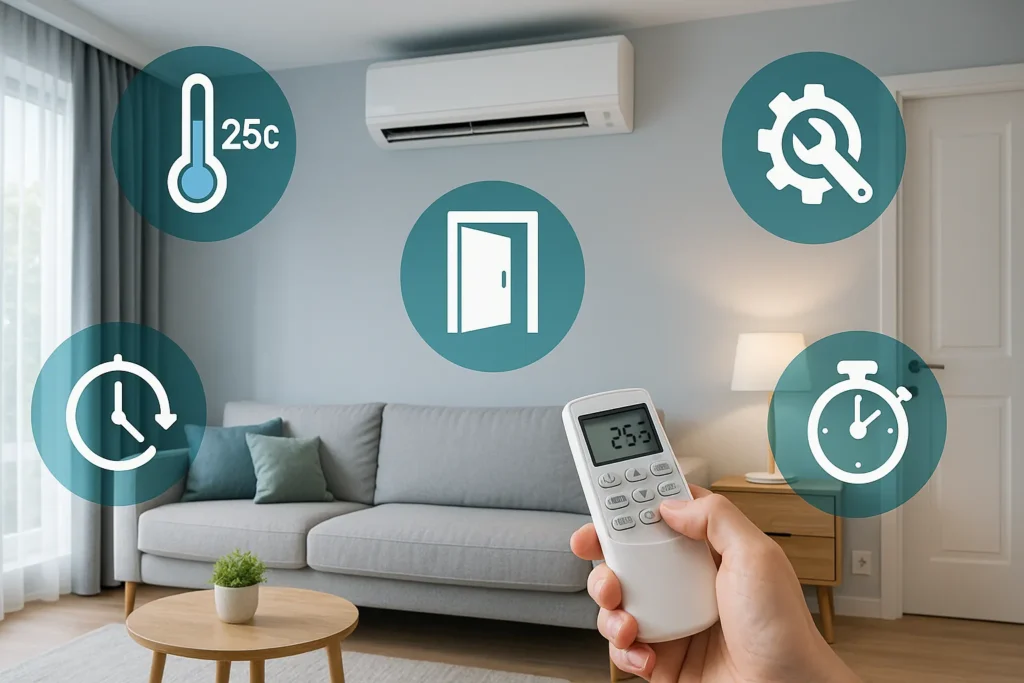 Consumo Ar Condicionado Disparou: 12 Formas Comprovadas De Reduzir 50% Na Conta De Luz 5 Sala Moderna Com Ícones Flutuantes Mostrando Boas Práticas De Economia No Uso Do Ar-Condicionado.