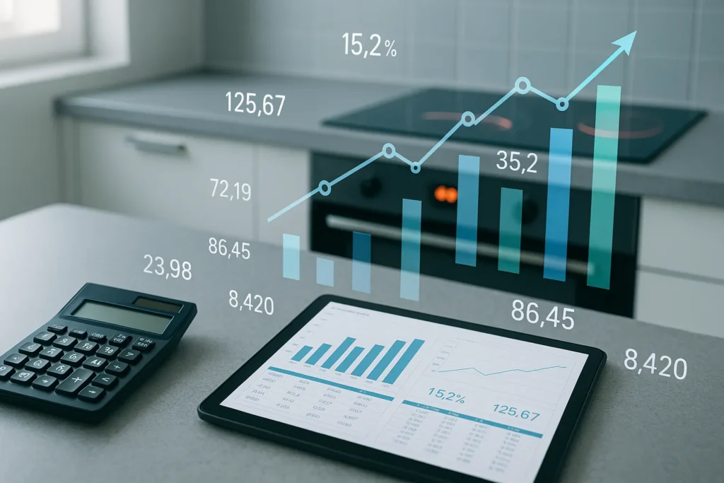Fogão De Indução Gasta Muita Energia? 12 Verdades E Mitos Que Impactam Sua Conta De Luz 7 Mesa Com Calculadora, Tablet Com Gráficos E Fogão De Indução Ao Fundo Em Funcionamento.