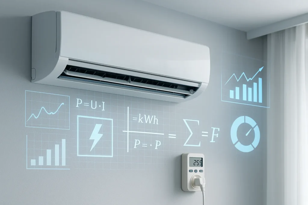 Consumo Ar Condicionado Disparou: 12 Formas Comprovadas De Reduzir 50% Na Conta De Luz 2 Ar-Condicionado Split Com Gráficos De Consumo E Medidor De Energia Digital Em Ambiente Moderno.