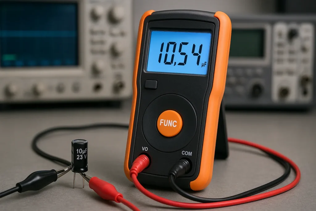 Como Testar O Capacitor: 8 Métodos Profissionais Para Máquinas De Lavar E Ar-Condicionado 6 Capacímetro Profissional Medindo Capacitância De Capacitor Sobre Bancada Com Visor Iluminado.