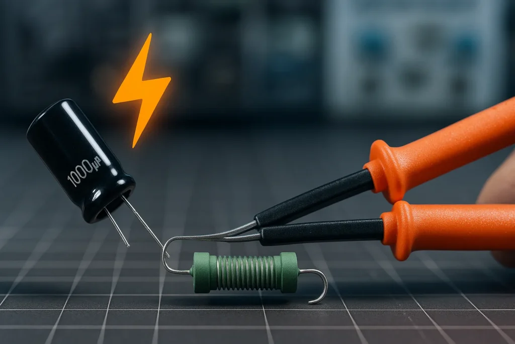 Como Testar O Capacitor: 8 Métodos Profissionais Para Máquinas De Lavar E Ar-Condicionado 12 Capacitor Sendo Descarregado Com Resistor De Fio Usando Pinça Isolada Sobre Bancada Técnica