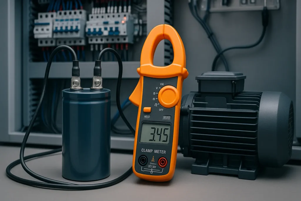 Como Testar O Capacitor: 8 Métodos Profissionais Para Máquinas De Lavar E Ar-Condicionado 10 Capacitor Conectado A Motor Com Amperímetro Medindo Corrente Em Circuito Elétrico Ativo