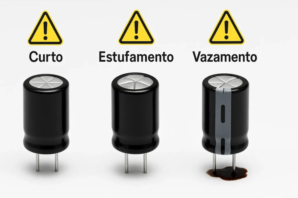 Como Testar O Capacitor: 8 Métodos Profissionais Para Máquinas De Lavar E Ar-Condicionado 3 Três Capacitores Eletrônicos Lado A Lado: Um Em Condições Normais, Um Estufado E Um Com Vazamento De Eletrólito. Fundo Branco Técnico Com Ícones De Alerta E Rótulos “Curto”, “Estufamento” E “Vazamento”.