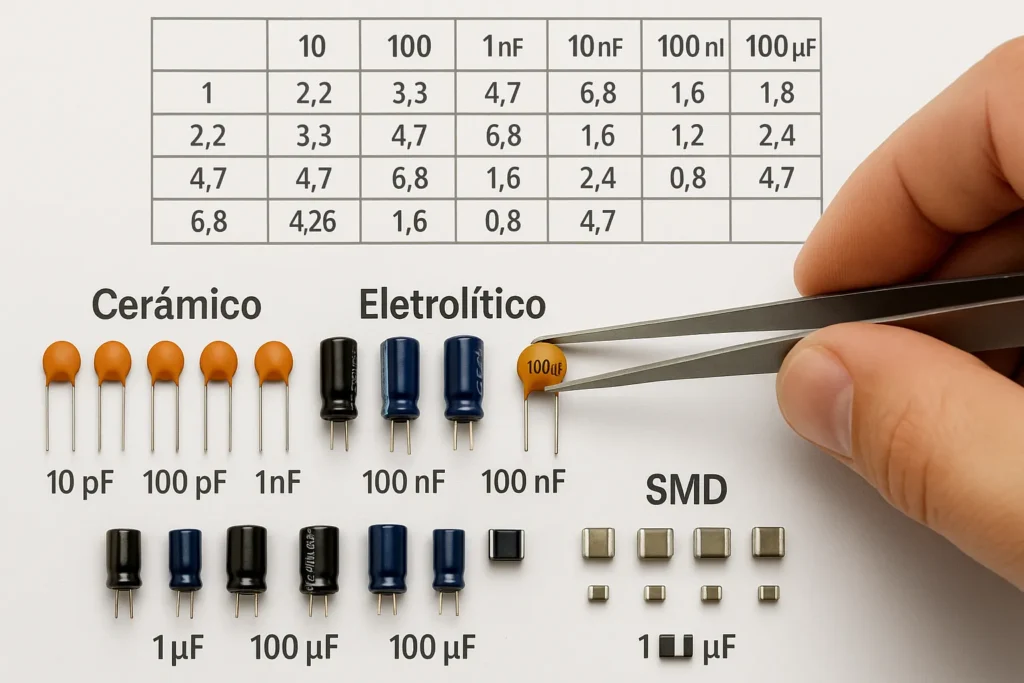 Como Testar O Capacitor: 8 Métodos Profissionais Para Máquinas De Lavar E Ar-Condicionado 14 Vários Capacitores Organizados Por Valor E Tipo (Cerâmico, Eletrolítico, Smd), Com Uma Mão Usando Pinça Para Escolher O Valor Correto, Sobre Fundo Branco Com Tabela Técnica Flutuante.