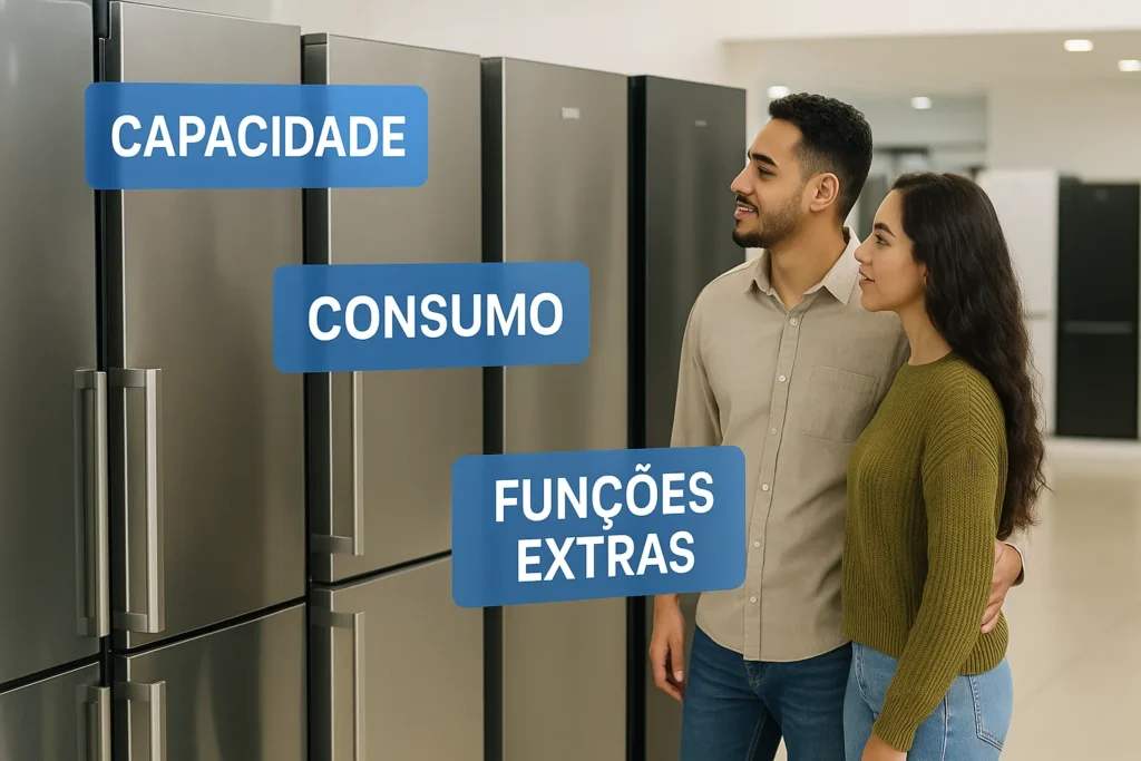 O Que É Geladeira Frost Free: 7 Vantagens Que Todo Técnico E Consumidor Precisa Conhecer 9 Casal Observando Geladeiras Em Loja Com Banners Informativos De Comparação