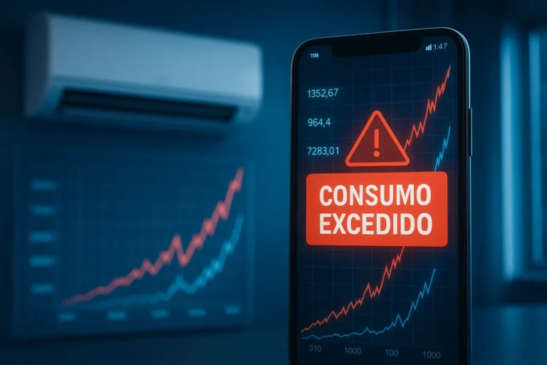Celular Com Alerta De Consumo Excedido E Gráficos De Pico, Com Ar-Condicionado Ligado Ao Fundo.