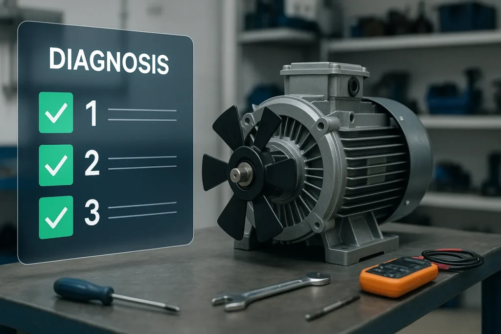 Motor Ventilador Ar Condicionado Com Defeito: 14 Sinais De Alerta E Como Resolver Cada Problema 5 Checklist Digital Flutuante Ao Lado De Motor Ventilador Em Bancada Técnica Organizada.