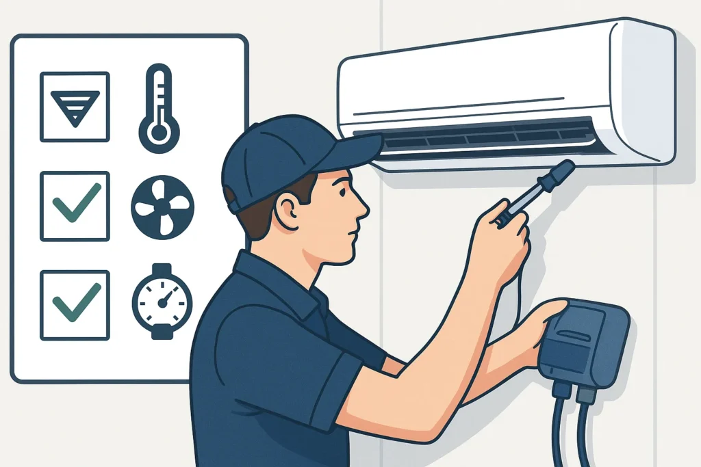 Ar Condicionado Manutenção: 12 Passos Essenciais Que Todo Técnico E Usuário Precisa Dominar 1 Técnico Faz Manutenção Em Ar-Condicionado Enquanto Checklist Com Ícones De Filtro, Termômetro, Ventilador E Manômetro É Exibido.