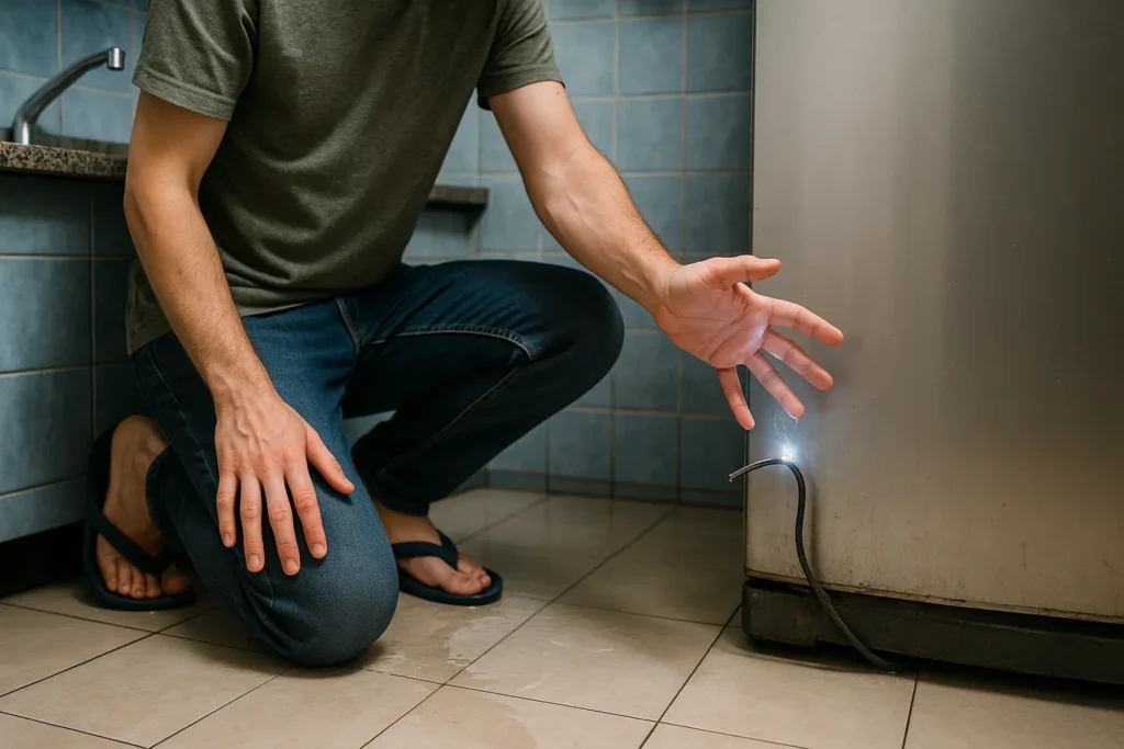 Choque Elétrico Em Casa: 15 Situações De Risco E Como Se Proteger Definitivamente 1 Pessoa Ajoelhada Em Cozinha Molhada Recebe Descarga Elétrica Ao Tocar Fio Desencapado Da Geladeira