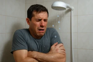 Homem de camiseta sob chuveiro elétrico com expressão de frio e gotas de água com gelo.