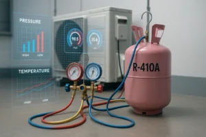 Cilindro de R410A conectado a manifold durante processo de carga com gráficos digitais flutuantes.