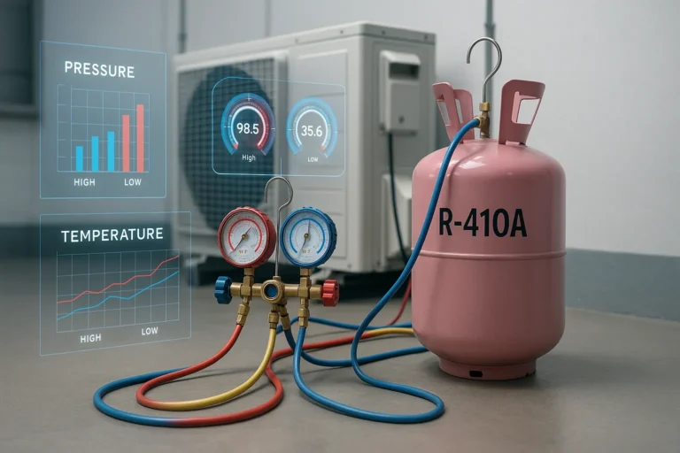 Cilindro De R410A Conectado A Manifold Durante Processo De Carga Com Gráficos Digitais Flutuantes.