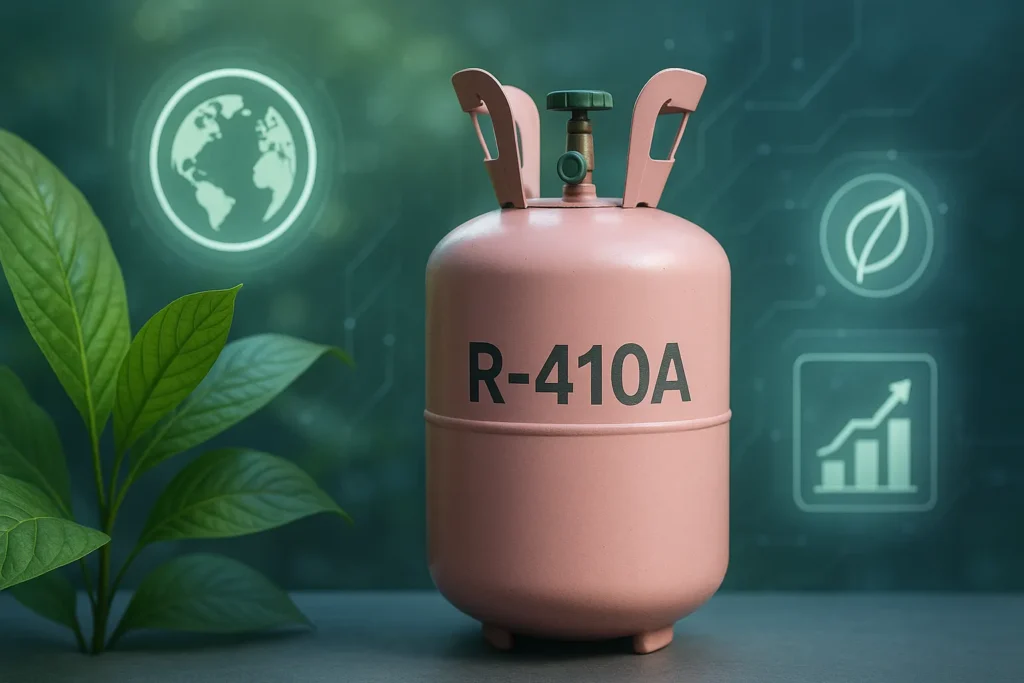Gás R410A: Tabela De Pressão Completa E 15 Dicas Essenciais Para Carga Perfeita 9 Cilindro De R410A Ao Lado De Folhas Verdes E Ícones Ecológicos Flutuantes.