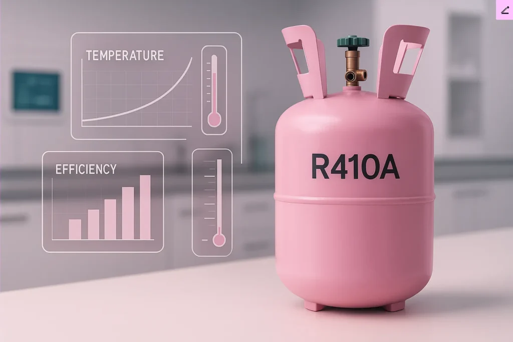 Gás R410A: Tabela De Pressão Completa E 15 Dicas Essenciais Para Carga Perfeita 2 Cilindro De R410A Rosa Com Gráficos Flutuantes De Temperatura E Eficiência Sobre Bancada Técnica.