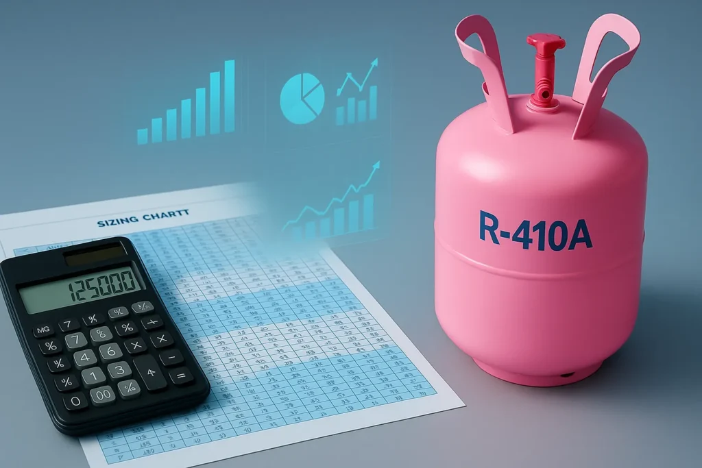Gás R410A: Tabela De Pressão Completa E 15 Dicas Essenciais Para Carga Perfeita 10 Cilindro De R-410A Rosa Ao Lado De Calculadora E Gráficos Digitais Flutuantes.