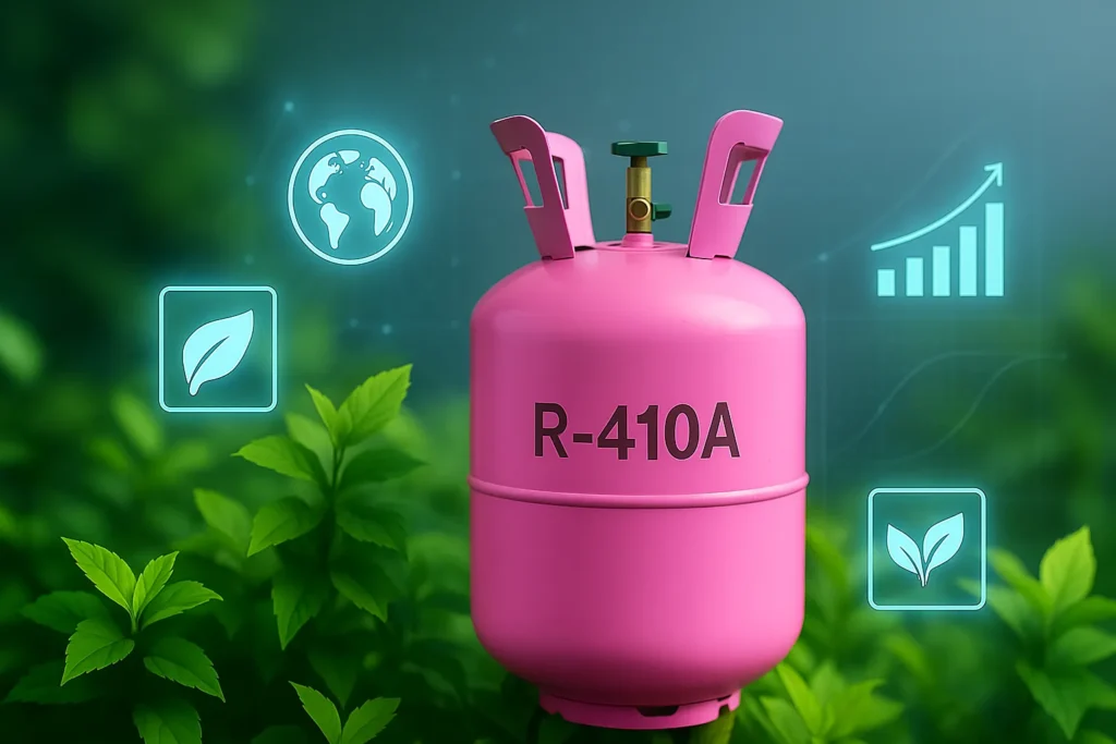 Gás R410A: Tabela De Pressão Completa E 15 Dicas Essenciais Para Carga Perfeita 1 Cilindro R-410A Rosa Em Ambiente Verde Com Ícones Digitais De Sustentabilidade.