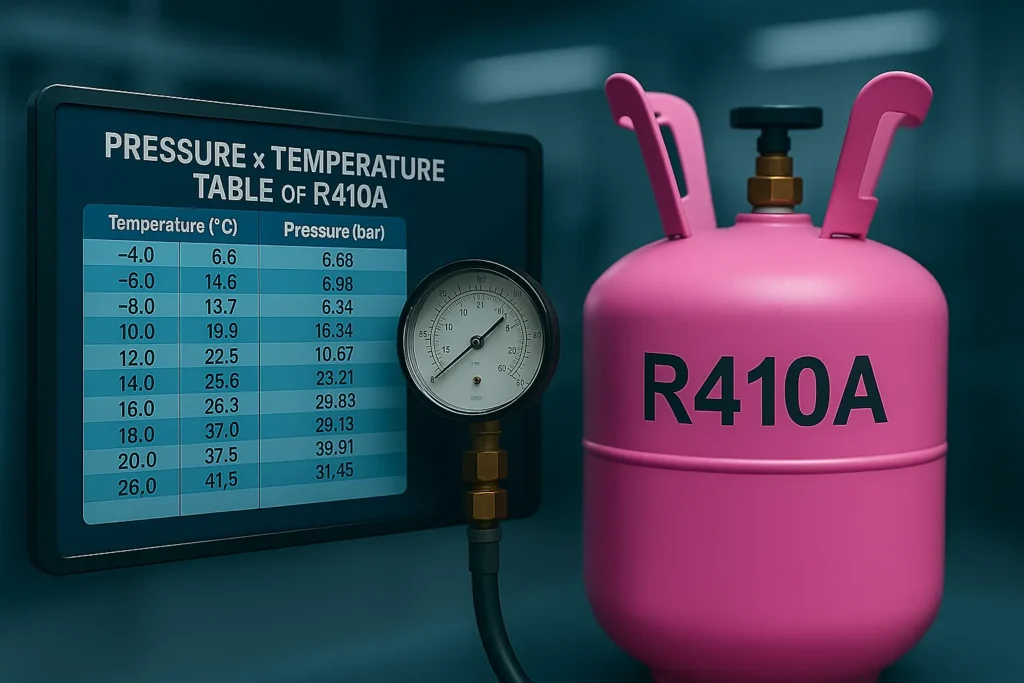 Gás R410A: Tabela De Pressão Completa E 15 Dicas Essenciais Para Carga Perfeita 3 Cilindro Rosa De R410A Ao Lado De Tabela Digital De Pressão E Temperatura Com Manômetro.