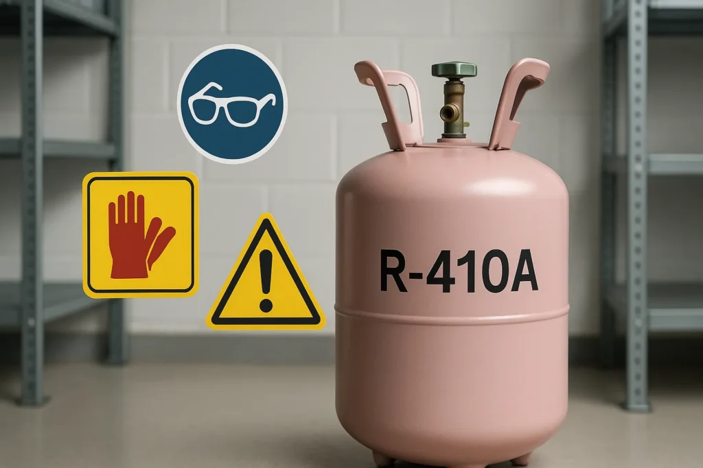 Gás R410A: Tabela De Pressão Completa E 15 Dicas Essenciais Para Carga Perfeita 7 Cilindro De R410A Com Ícones Flutuantes De Segurança Incluindo Luvas, Óculos E Sinalização De Risco