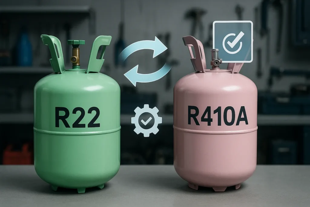 Gás R410A: Tabela De Pressão Completa E 15 Dicas Essenciais Para Carga Perfeita 8 Cilindros De Gás R22 E R410A Lado A Lado Com Setas E Ícones Flutuantes De Conversão E Compatibilidade.